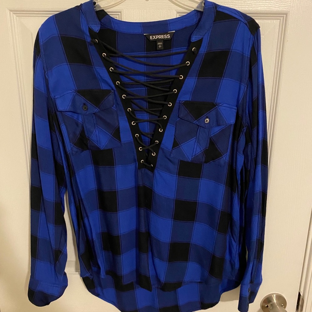 Blue & Black Plaid Lace Up Flannel Shirt